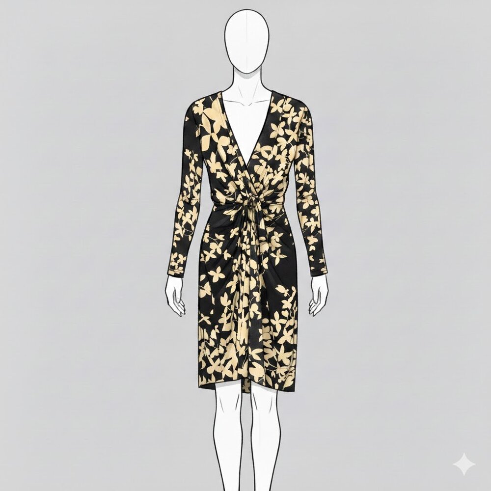 BCBGMaxAzria — Black & Cream Floral Faux Wrap Midi Dress (US 2) - Picture 4 of 4